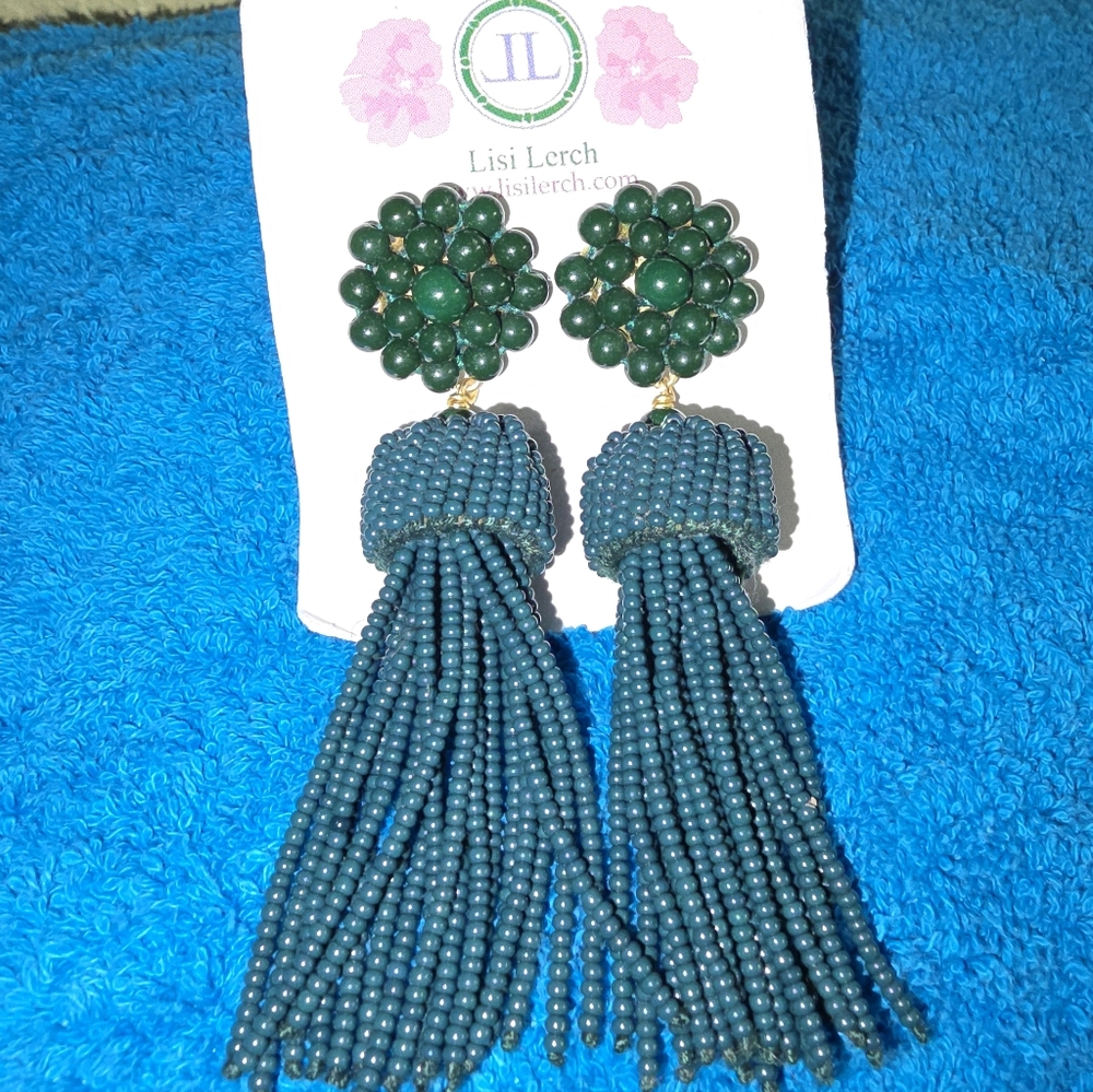 Lisi Lerch Green Seed Beaded Tassel Drop Earrings NWT